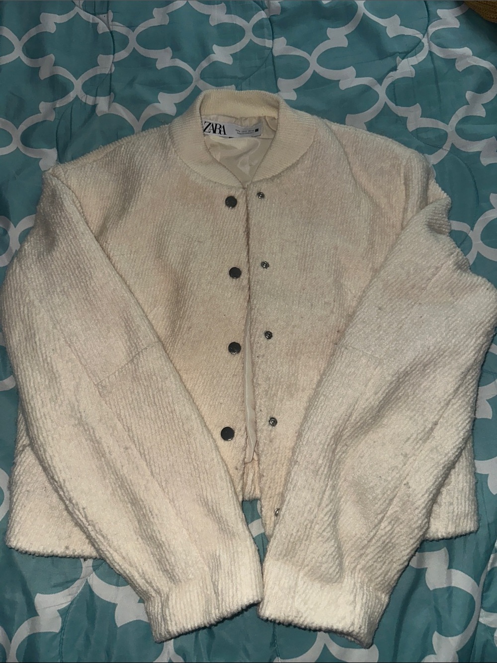 Zara Cream Plush Snap-Front Varsity Jacket